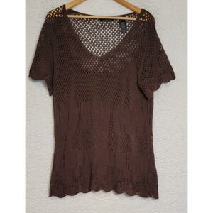 Liz Claiborne Axcess Brown Crocheted Pullover Top Sz XL Built‎ In Cami Tank 1026